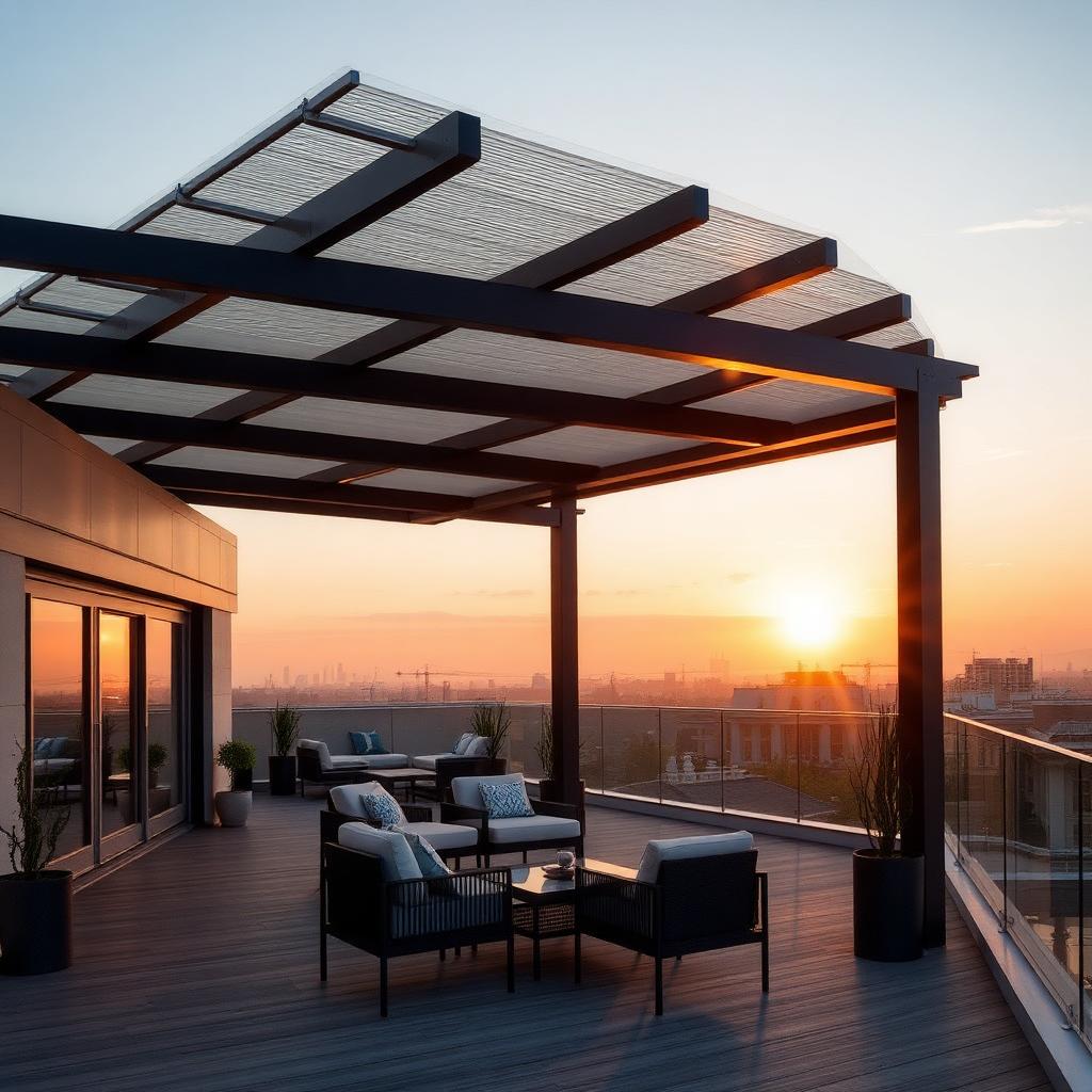 Pergola bioclimatique sur un rooftop au coucher du soleil